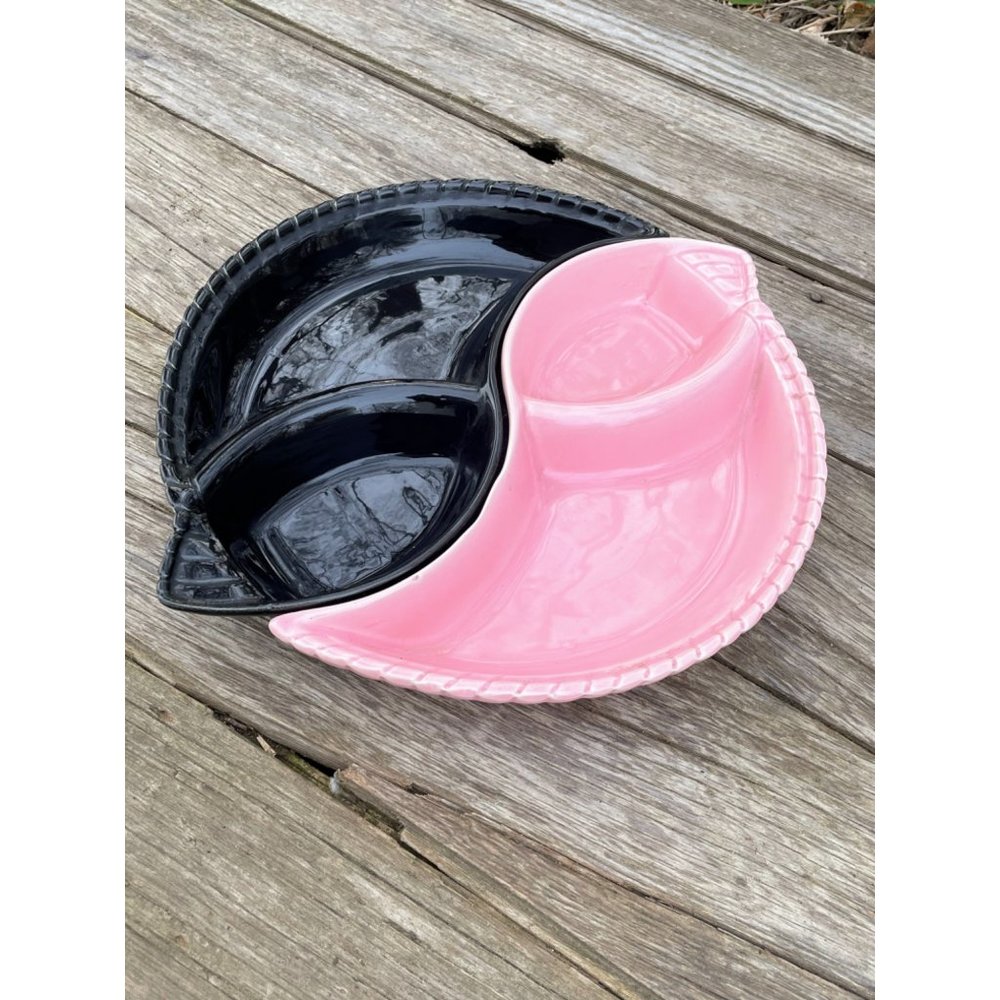 Vintage MCM Pink/Black 2 Piece Chip Dip Serving Set